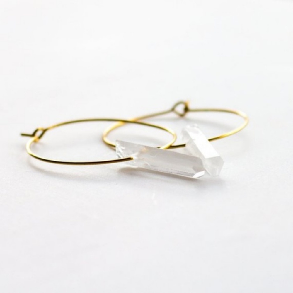 Raw Clear Quartz Crystal Gold Hoop Earrings - Picture 3 of 5